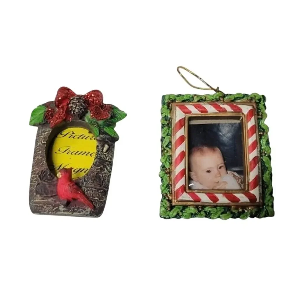 🖼️ Vintage Christmas Photo Frame Ornaments Lot 2 Cardinal Candy Cane Y2K Decor